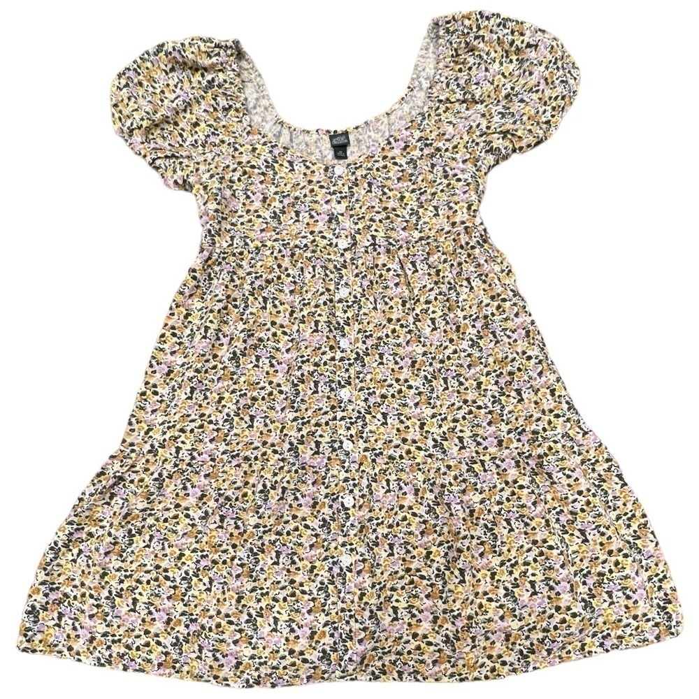 Wild Fable Small Puffy Sleeve Mini Floral Sundress Yellow Pink Faux Buttons, XS